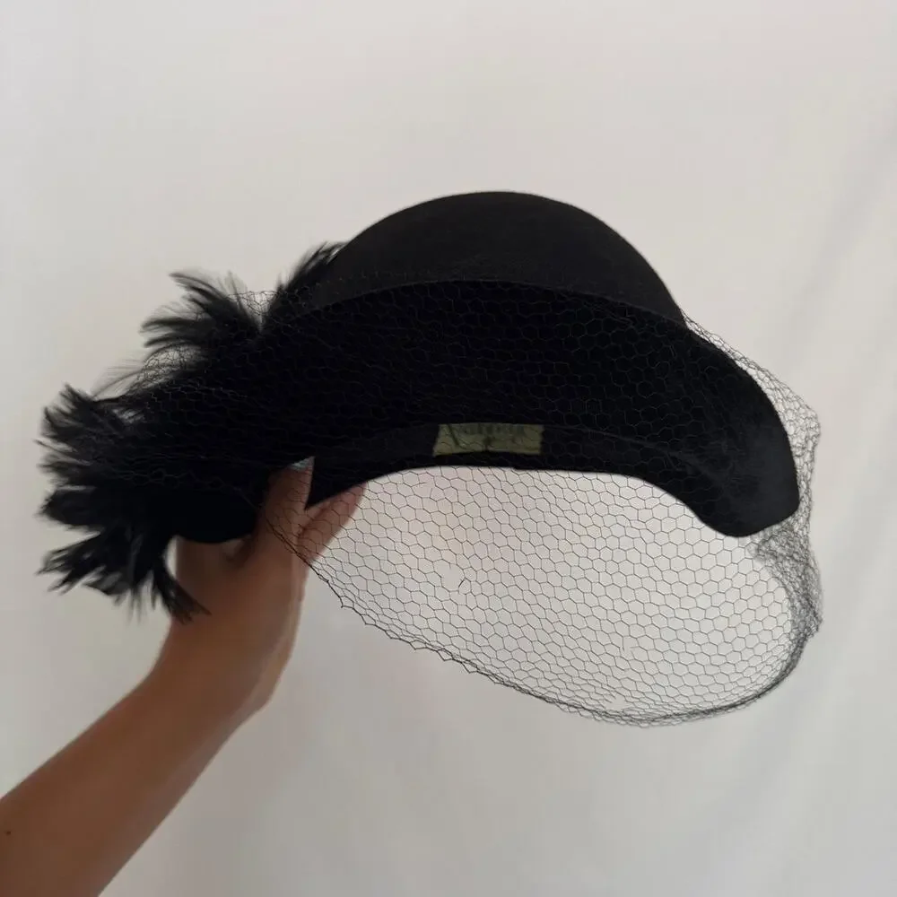 Vtg 1950s valerie modes crescent fascinator hat black feathers birdcage veil
